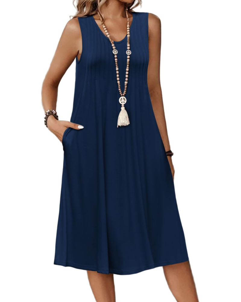 Quinn Robe Midi Femme – Robe Sans Manches Col V Plissée avec Poches Longueur Genou