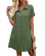 Sabrina Vestito Camicia da Donna – Vestito 100% Cotone con Scollo a V, Bottoni, Tasche e Maniche Corte