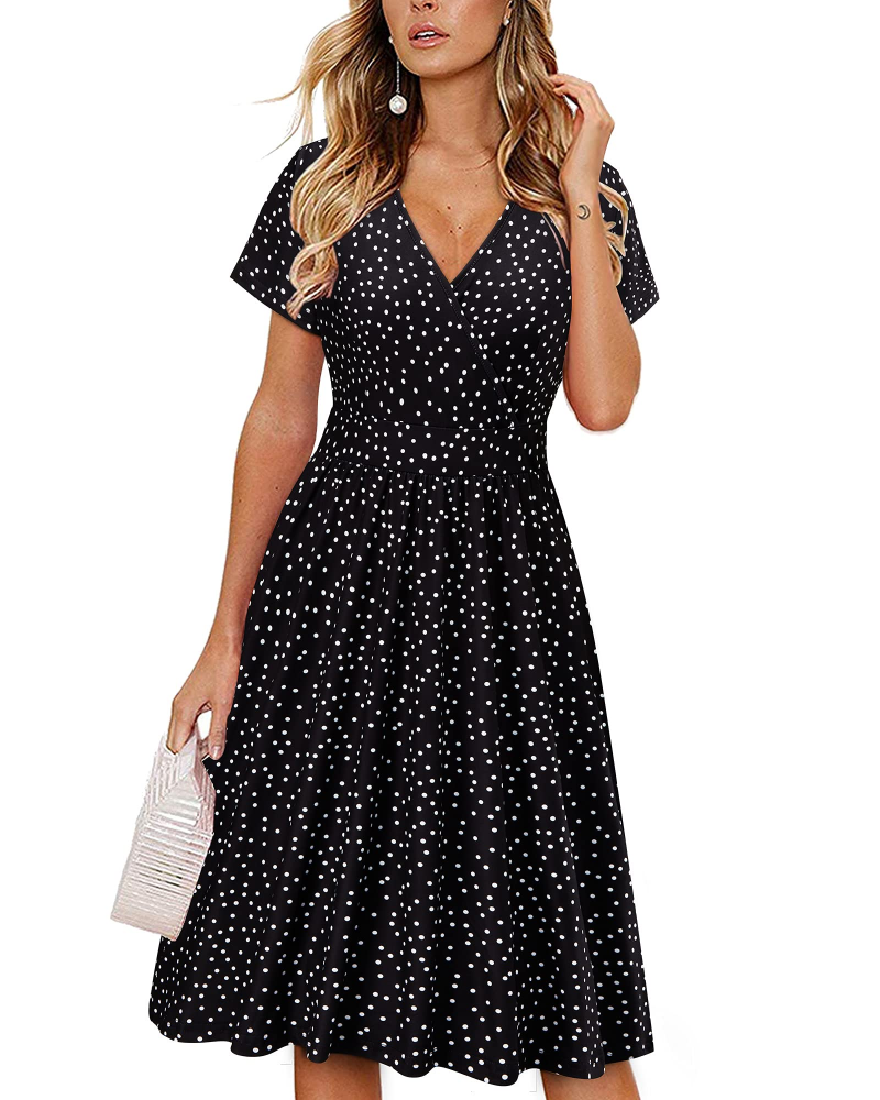 Reese Robe Femme Col V Cache-Cœur – Robe Évasée avec Poches Manches Courtes Longueur Genou