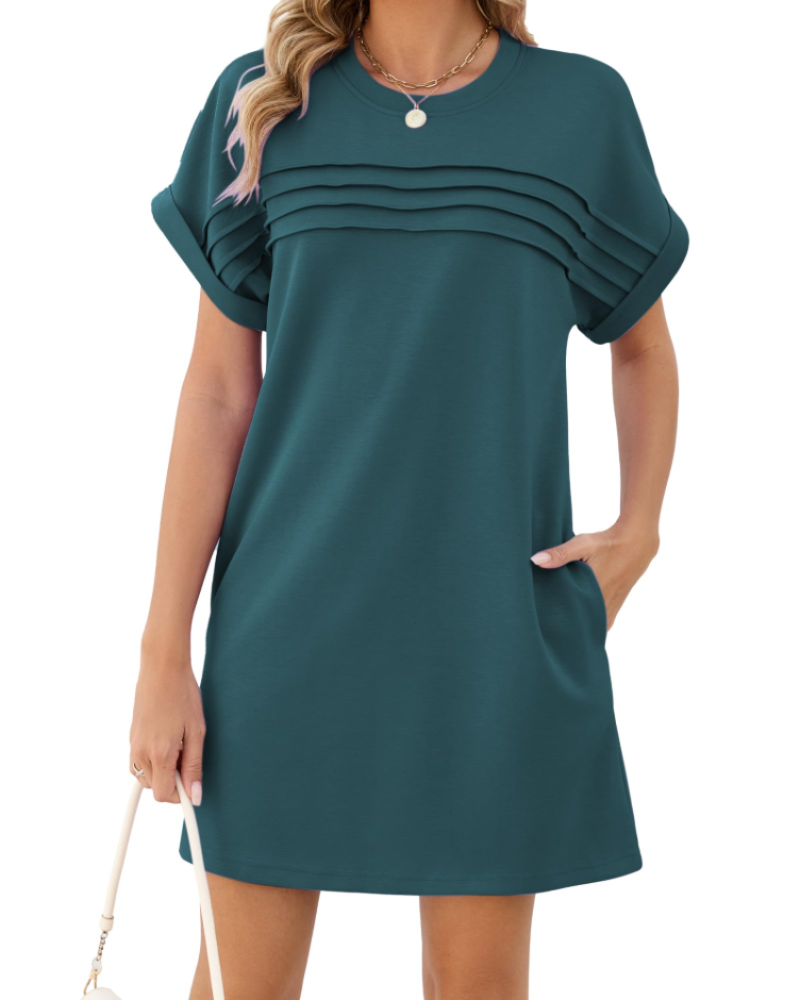 Autumn Robe Femme – Robe Courte Unie à Plis avec Poches & Manches Courtes Revers