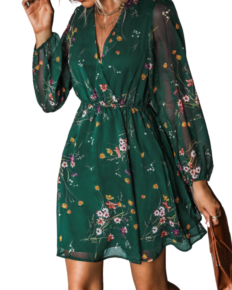 Danielle Women's Short Dress – Chiffon V-Neck Elastic Waist Long Sleeves Dress