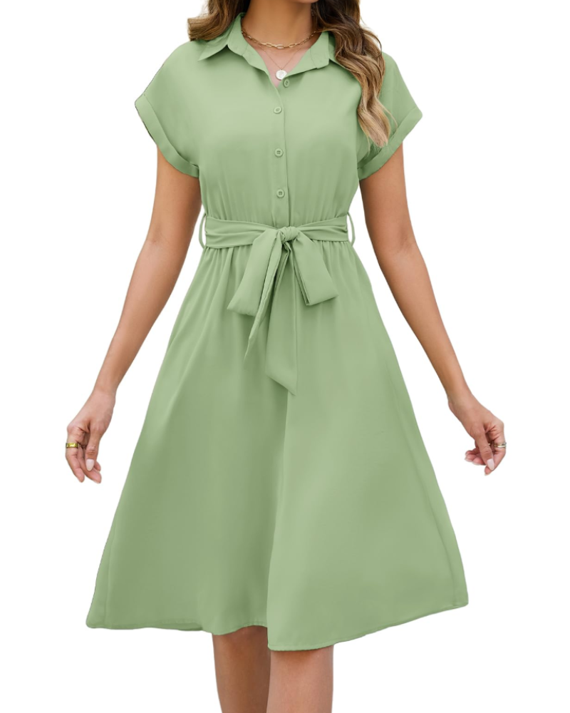 Madeline Robe Chemise Femme – Robe Midi Col V Ceinturée avec Poches & Manches Retroussées