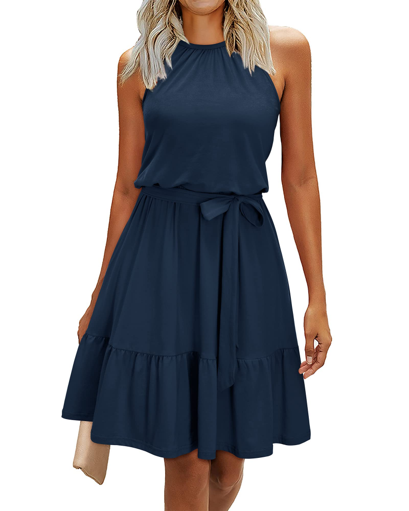 Kendall Robe Licou Femme – Robe d'Été Évasée Longueur Genou avec Ceinture Nouée