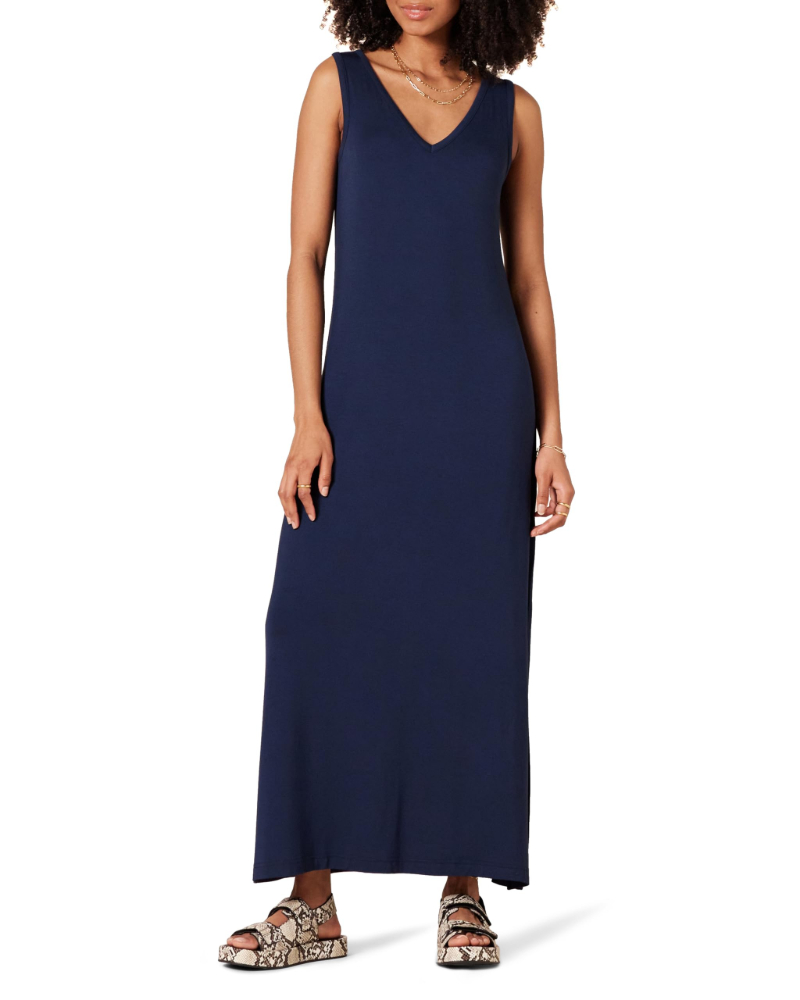 Ariadne Long Dress Women’s – Maxi Tank Dress V-Neck Stretch Jersey with Side Slits  