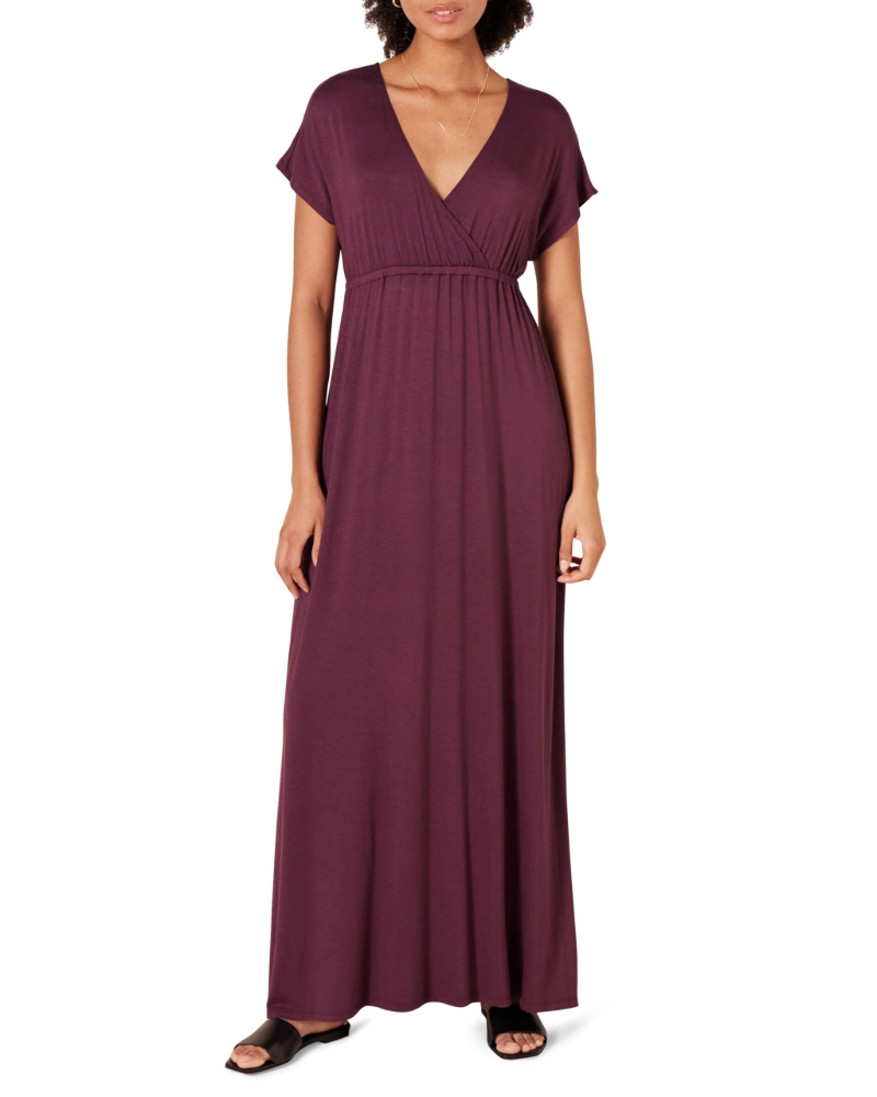 Elowen Long Dress Women’s – Maxi Dress Empire Waist V-Neck Dolman Sleeves Stretch Jersey  