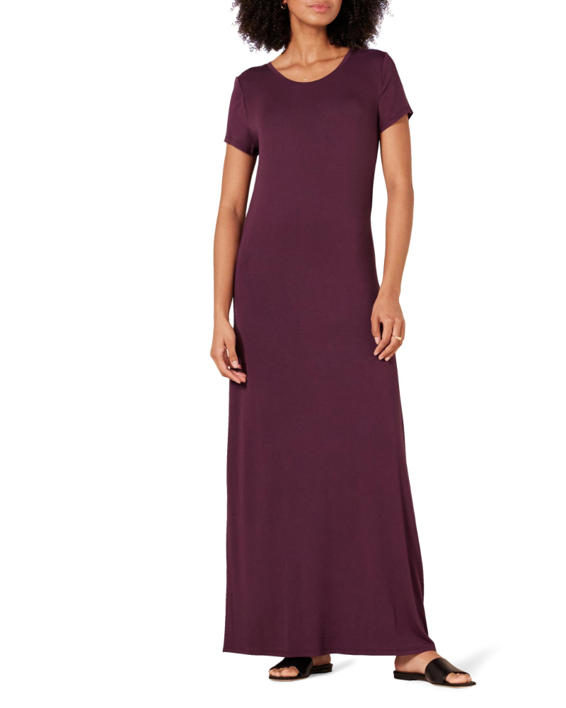 Corinne Long Dress Women’s – Maxi Dress Round Neck Short Sleeves Stretch Jersey Fitted Cut  