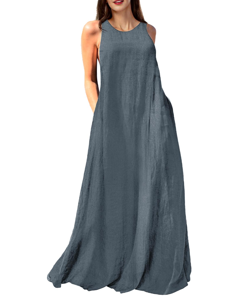 Genevieve Robe Longue Femme – Robe Maxi en Lin & Coton Sans Manches avec Poches