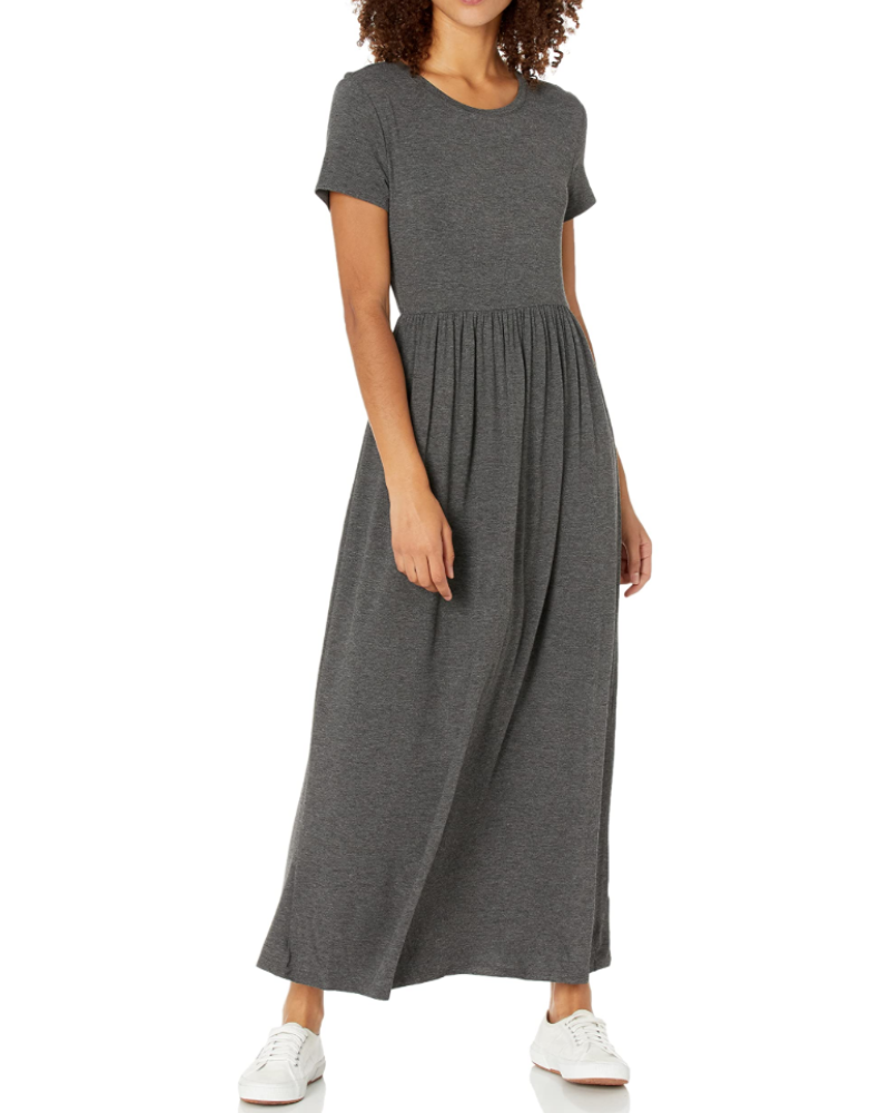 Cambria Long Dress Women’s – Maxi Flared Dress Round Neck Short Sleeves Gathered Waist  