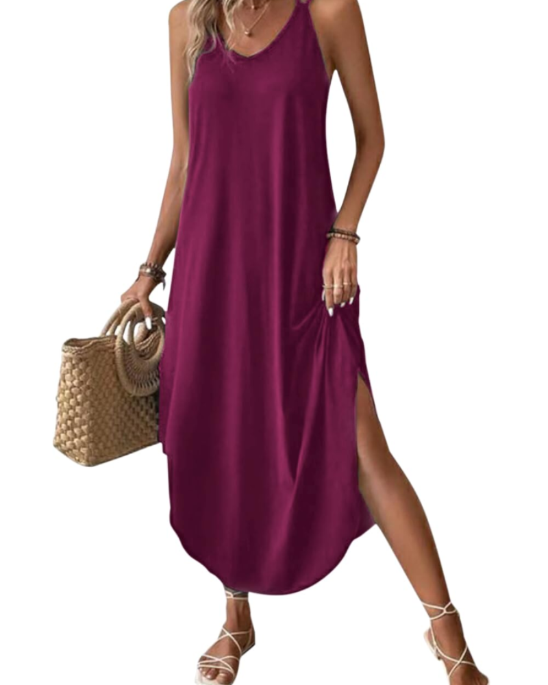 Sienna Robe Longue Femme – Maxi Robe Col V à Bretelles Fines avec Fente Élégante