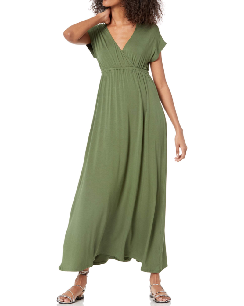 Elowen Long Dress Women’s – Maxi Dress Empire Waist V-Neck Dolman Sleeves Stretch Jersey  