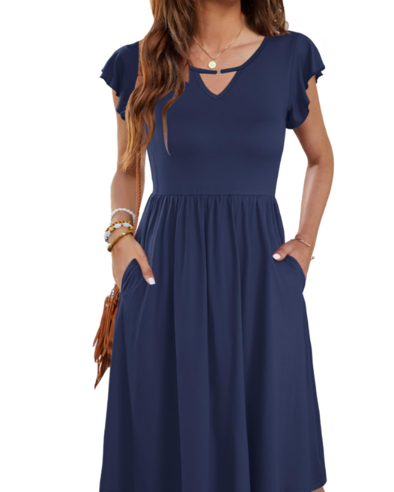 Teagan Robe Midi Femme – Robe Col V Évasée avec Poches Taille Élastiquée Fluide