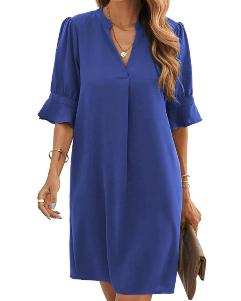 Mallory Robe Femme – Robe Courte Col V Fluide à Manches Courtes Coupe Ample