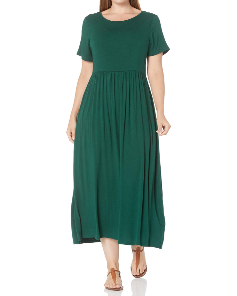 Cambria Long Dress Women’s – Maxi Flared Dress Round Neck Short Sleeves Gathered Waist  