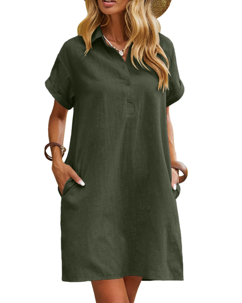 Camryn Robe Chemise Femme – Robe Courte en Coton Boutonnée avec Poches Manches Courtes