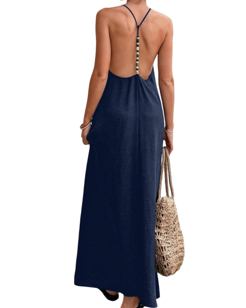 Phoebe Robe Maxi Femme – Robe Dos Nu Col V à Bretelles Perlées Style Bohème