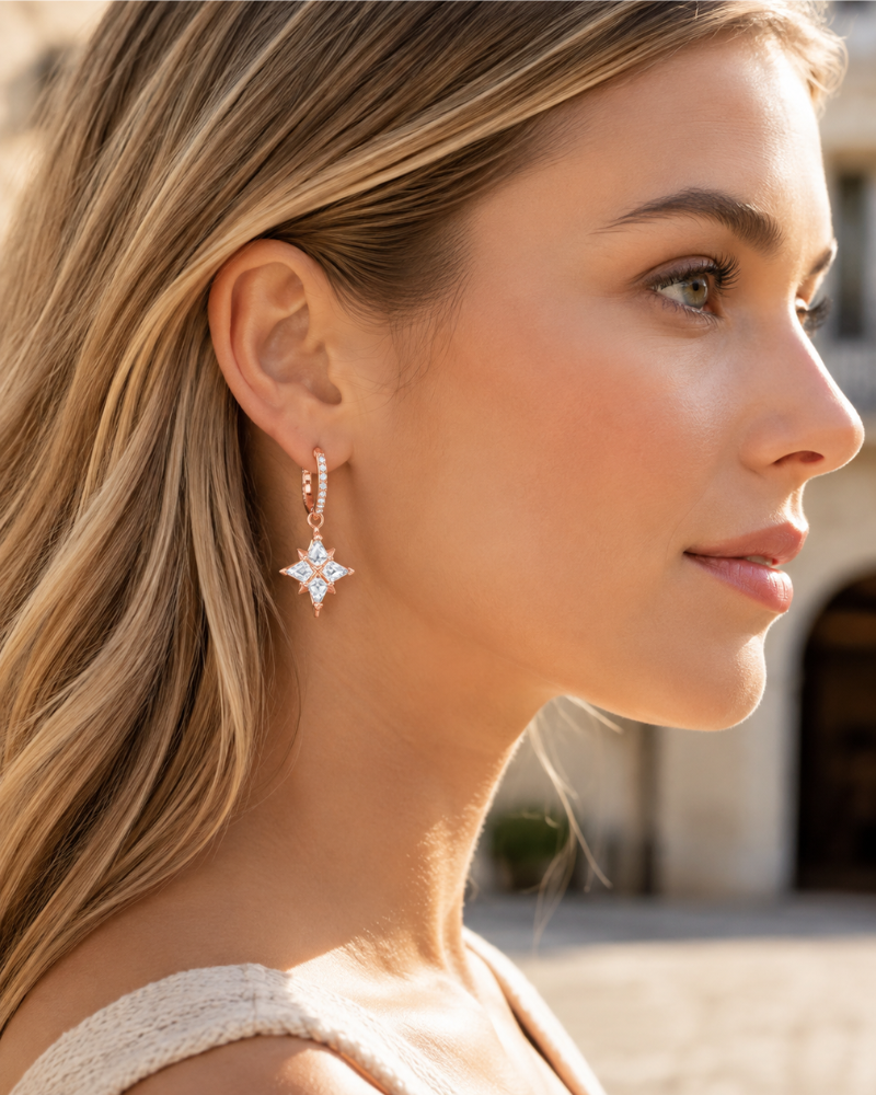 Pendientes Felicity para mujer – Mini aros estrella chapados en oro rosa con cristales