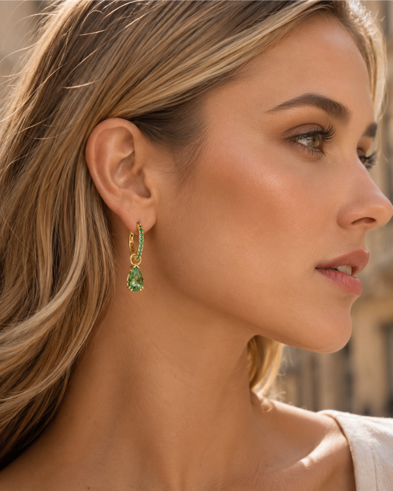 Jasmine Women's Earrings – Elegant Gold-Plated Hoops with Green Crystal Pendants