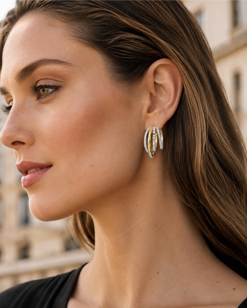 Giselle Women's Earrings – Multiple Bicolor Hoops with Round and Square Zirconias