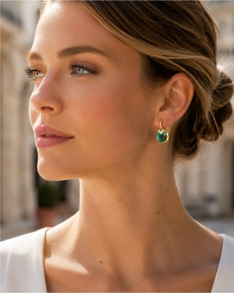 Briony Women's Earrings – Elegant Gold-Plated Hoops with Green Crystal V Motif