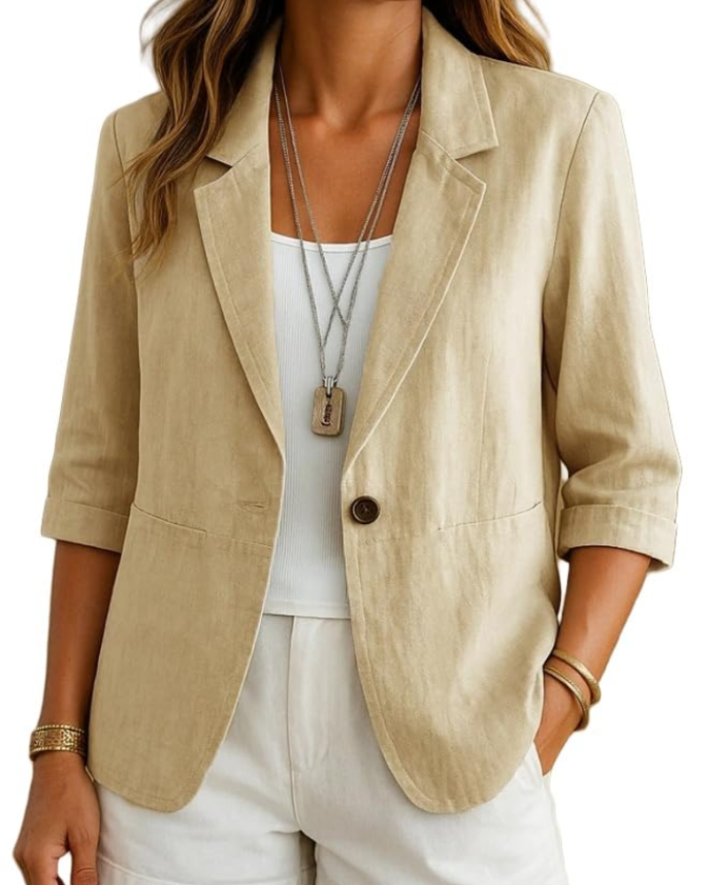 Aubrielle Blazer Femme – Veste en Coton et Lin à Revers avec Manches Longues Élégante