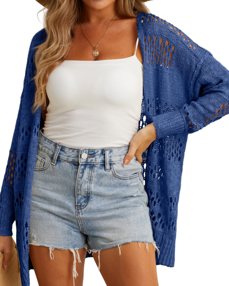 Cardigan Everly da donna all’uncinetto – Gilet lungo traforato in pizzo leggero a maniche lunghe