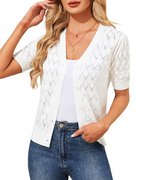 Chaleco de crochet para mujer Ainsley – Cárdigan corto con cuello en V y botones, tejido calado elegante