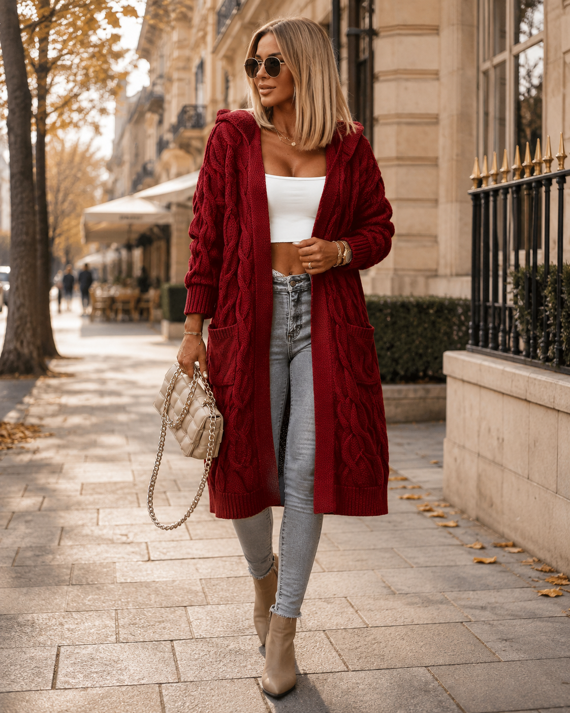 Ramona Cardigan Femme – Long Gilet à Capuche Maille Torsadée Coupe Oversize avec Poches