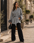 Solène Cappotto Donna Elegante – Giacca Lunga Invernale con Maniche in Pelliccia Sintetica e Cintura