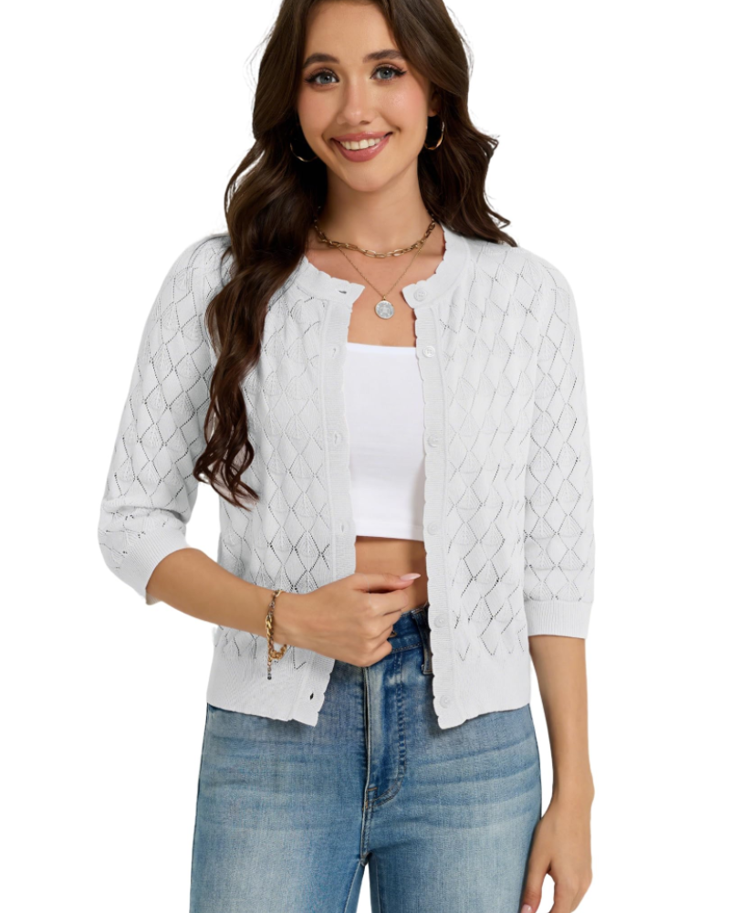 Cardigan Tinsley Donna – Gilet Corto in Crochet con Bottoni, Maniche 3/4, Collo Festonato