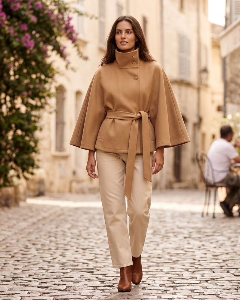 Olivia Manteau Cape Femme – Cape Élégante avec Col Haut et Ceinture Ajustable pour l'Hiver
