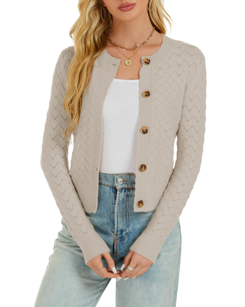 Cárdigan Daphne para mujer – Chaleco de crochet abotonado, cuello redondo, punto vintage y mangas largas
