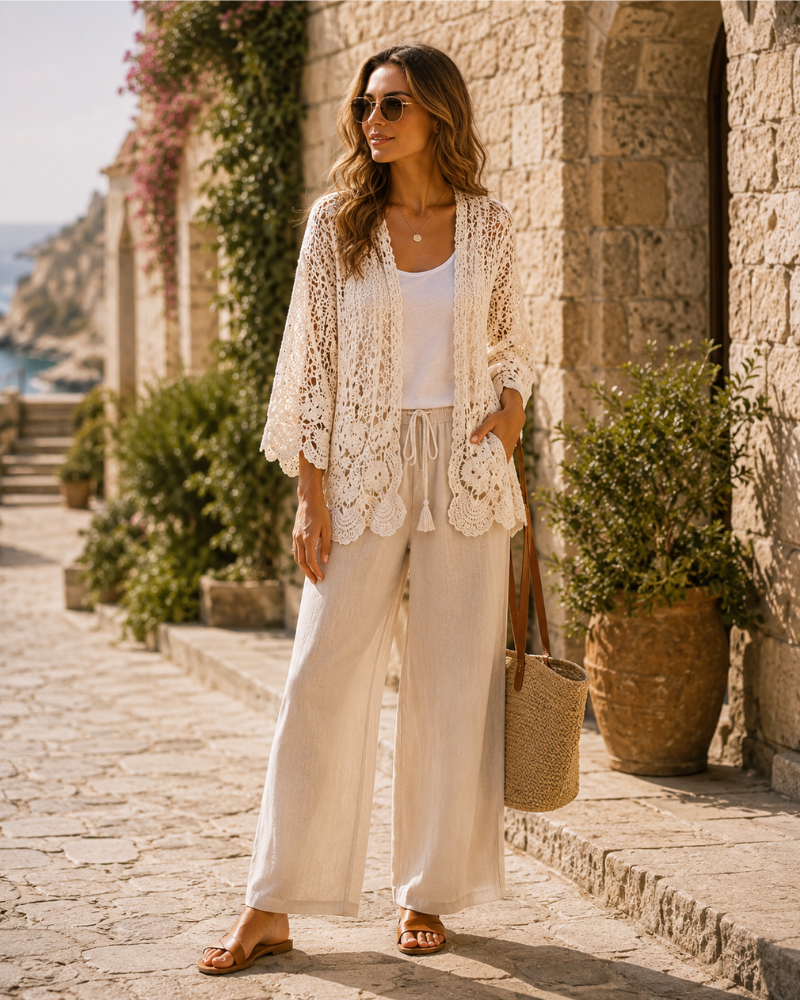 Bailey Cardigan Femme – Gilet Crochet Long Ouvert Maille Ajourée Coton Élégant