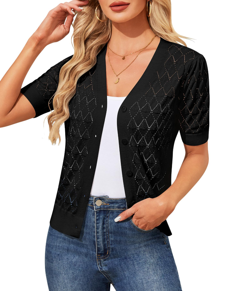 Gilet Ainsley Donna all’Uncinetto – Cardigan Corto con Scollo a V e Bottoni, Maglia Traforata Elegante