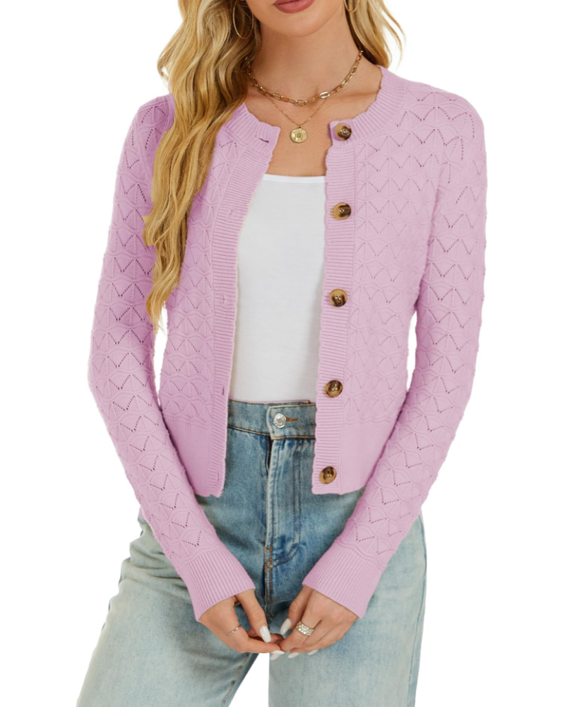 Cárdigan Daphne para mujer – Chaleco de crochet abotonado, cuello redondo, punto vintage y mangas largas