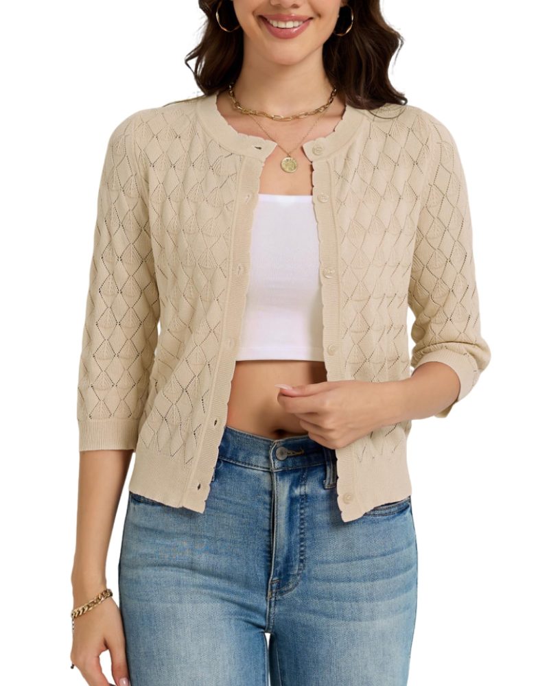 Cardigan Tinsley Donna – Gilet Corto in Crochet con Bottoni, Maniche 3/4, Collo Festonato