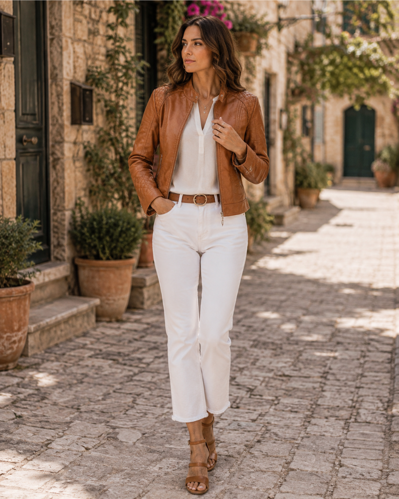 Avery Chaqueta de Cuero para Mujer – Chaqueta Elegante con Cuello Alto, Cierre de Cremallera y Estilo Atemporal