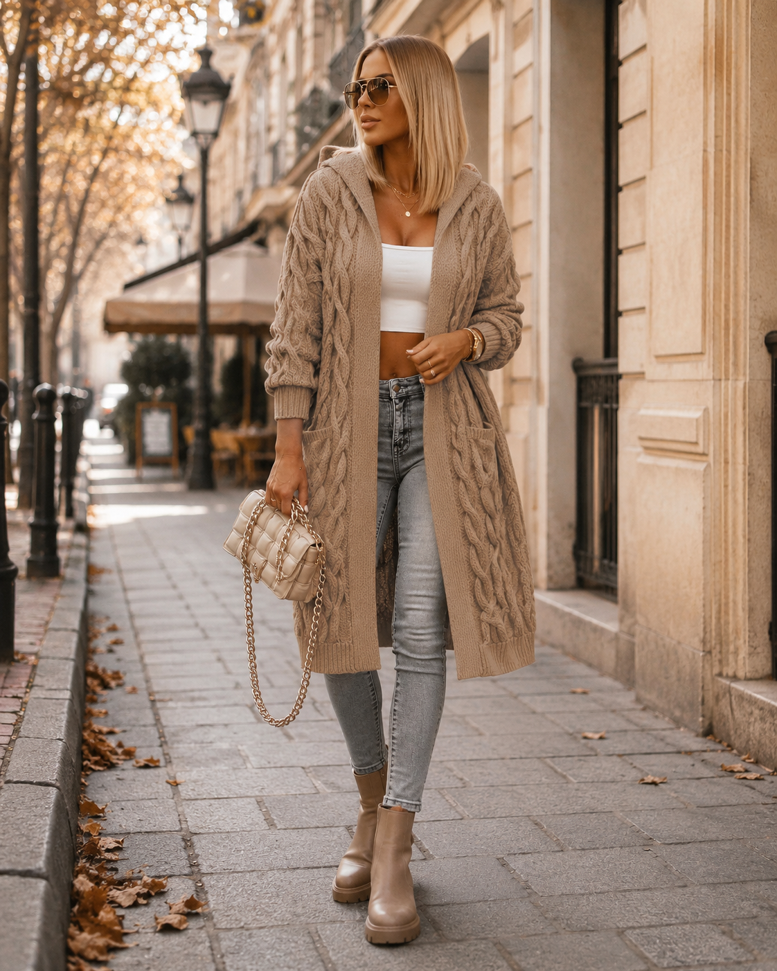 Ramona Cardigan Femme – Long Gilet à Capuche Maille Torsadée Coupe Oversize avec Poches