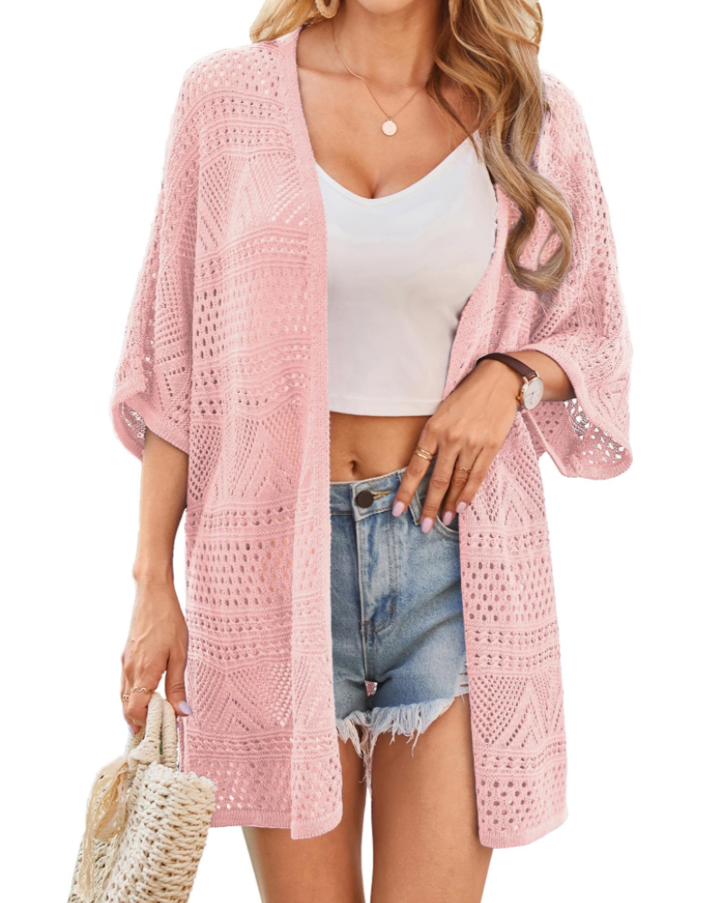 Delaney Kimono Donna – Cardigan Lungo a Crochet con Maniche a Pipistrello e Maglia Traforata