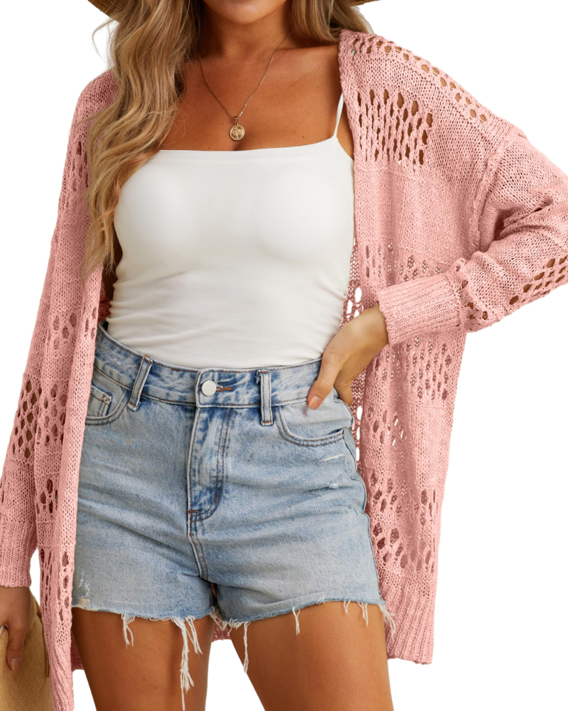 Cárdigan Everly de ganchillo para mujer – chaleco largo calado de encaje ligero con mangas largas
