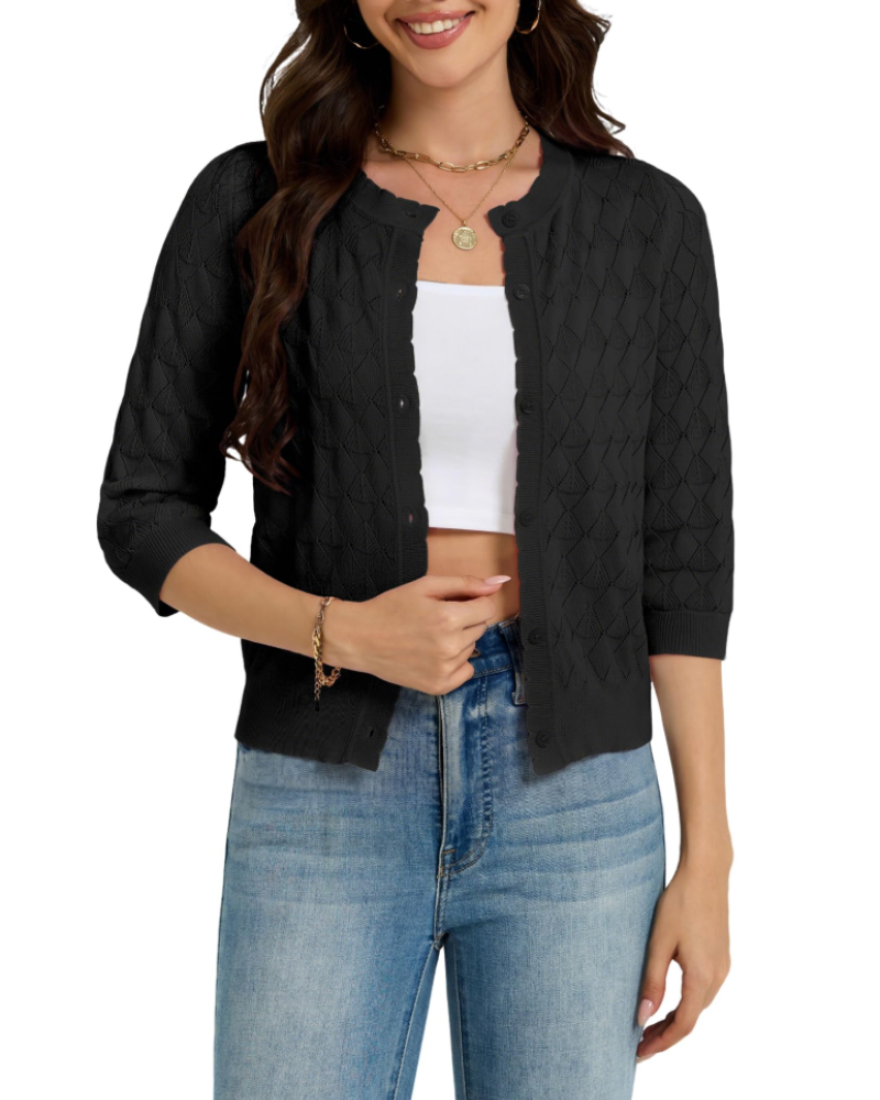Cardigan Tinsley Donna – Gilet Corto in Crochet con Bottoni, Maniche 3/4, Collo Festonato