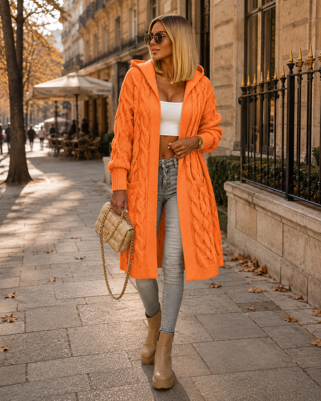 Ramona Cardigan Femme – Long Gilet à Capuche Maille Torsadée Coupe Oversize avec Poches