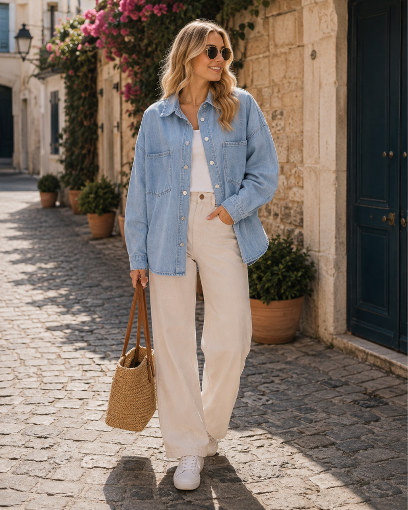 Rowan Veste Chemise en Jean Femme – Surchemise Oversize Boutonnée avec Poches en Denim