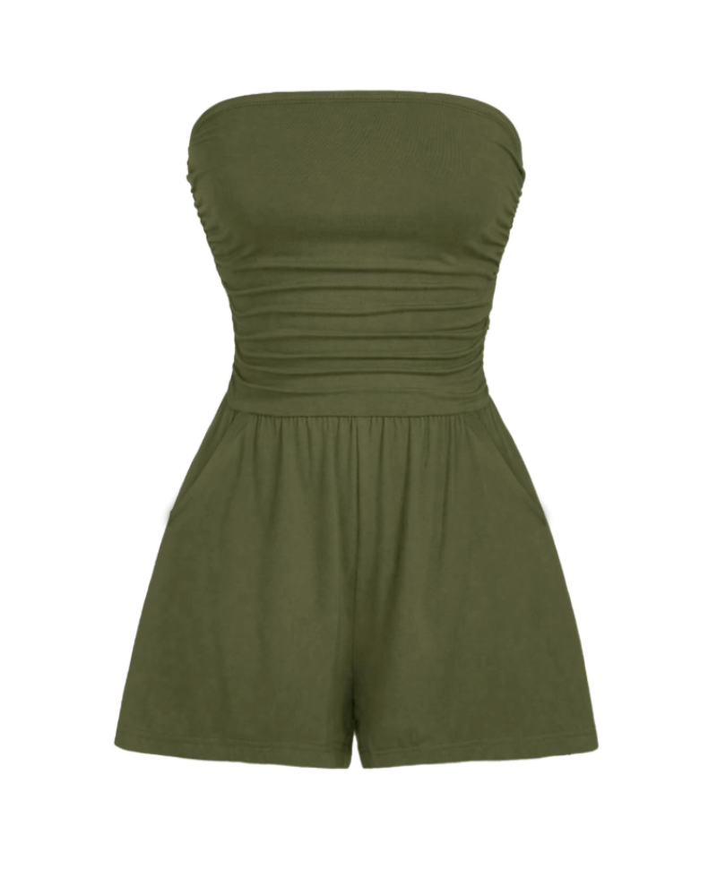 Audrey Mono corto para mujer – Mono bustier elástico sin mangas con estampado floral o liso  