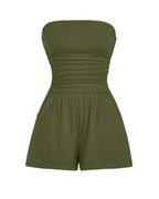 Audrey Mono corto para mujer – Mono bustier elástico sin mangas con estampado floral o liso  