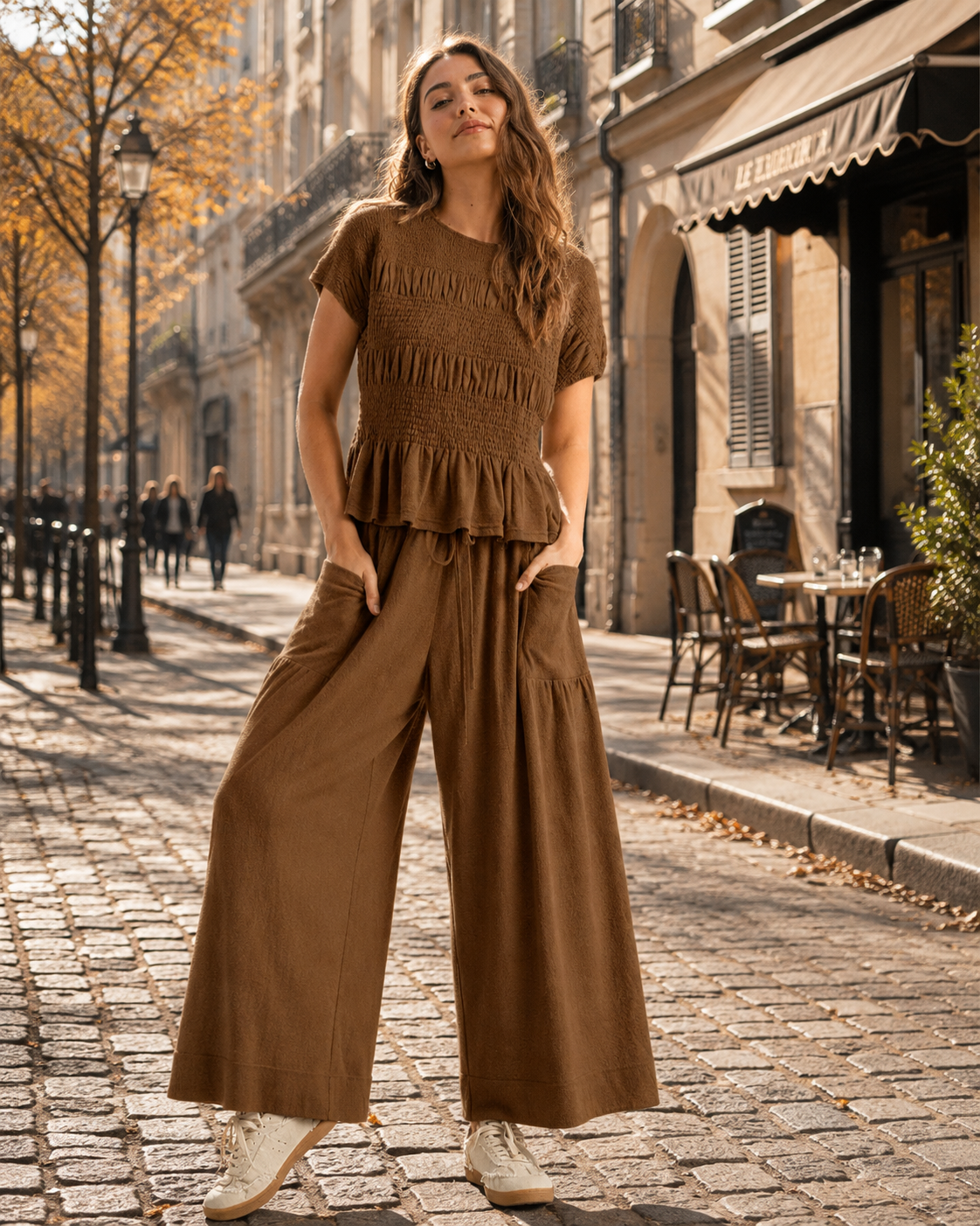 Laurel Ensemble Femme – Top Smocké à Volants et Pantalon Large Taille Haute avec Poches