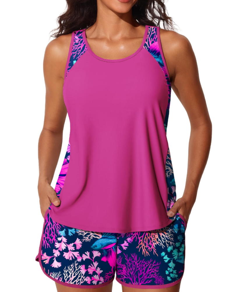 Claire Tankini Femme 2 Pièces – Haut Ample avec Short de Bain à Poches & Bonnets Amovibles