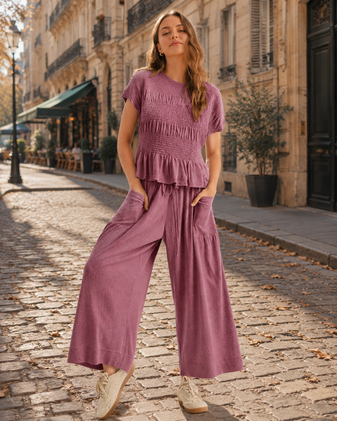 Laurel Ensemble Femme – Top Smocké à Volants et Pantalon Large Taille Haute avec Poches