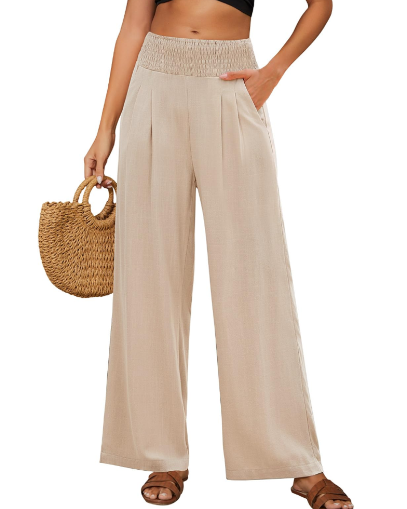 Ainsley Pantalon en Lin Femme – Palazzo Taille Haute Élastique avec Poches Ample