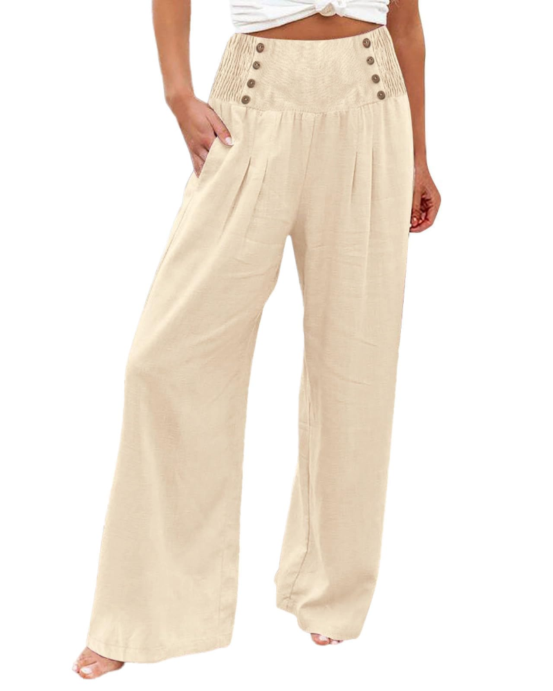 Pantalón de mujer Skylar – Pantalón ancho de algodón y lino, de cintura alta elástica y con bolsillos