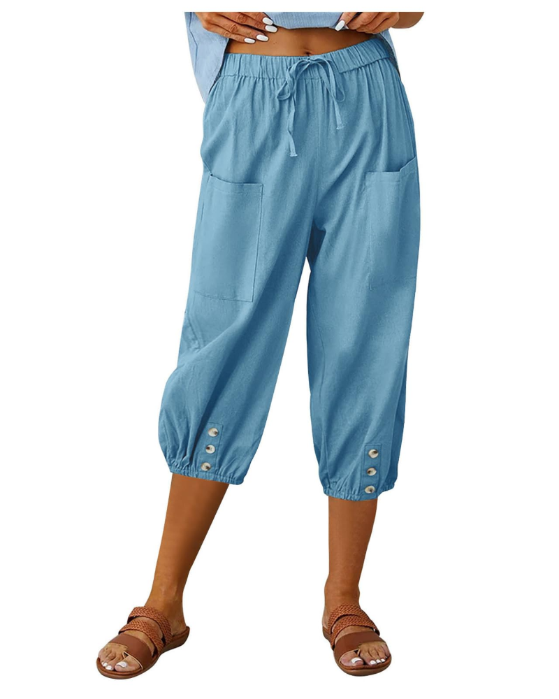 Aspen Pantalon Femme – Pantalon Large Coton Lin Taille Haute Élastique avec Poches